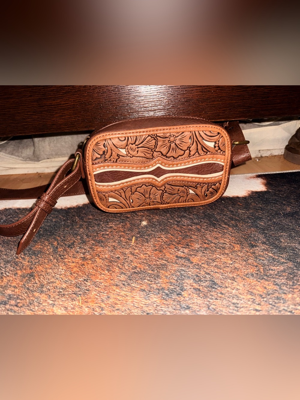 Justin Boots Tooled Brown Leather Crossbody Bag
